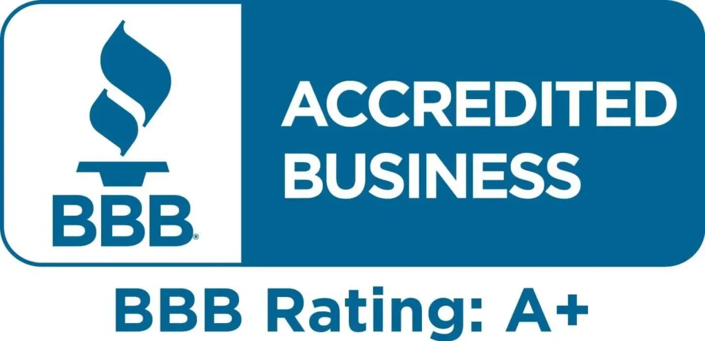 Better Business Bureau Green and White Logo with A+ Rating.