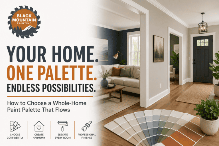Whole-home paint palette inspiration featuring coordinated interior paint colors, a modern open-concept home, and Black Mountain Painting color selection guidance.