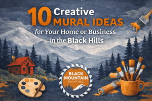 A digital featured image for Black Mountain Painting titled “10 Creative Mural Ideas for Your Home or Business in the Black Hills,” showing a mountain landscape with pine trees, a red cabin, paint brushes, a paint roller, and the Black Mountain Painting logo in the center.