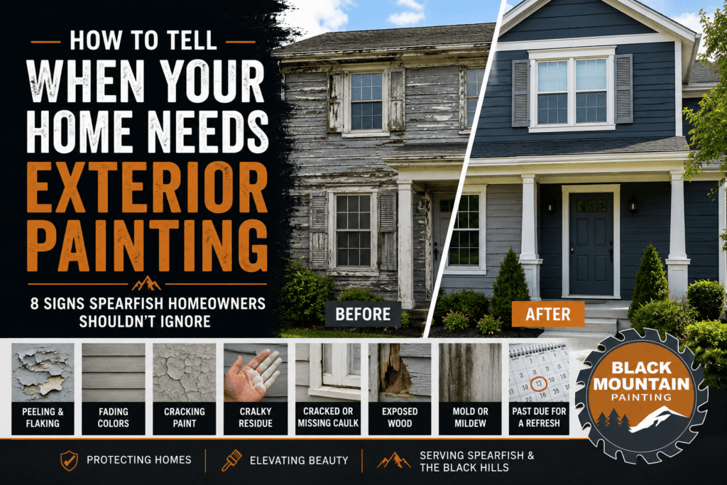 Black Mountain Painting infographic showing a weathered home with peeling exterior paint transformed into a freshly painted house, highlighting eight signs your home needs exterior painting, including peeling paint, fading colors, cracking paint, chalking, failing caulk, exposed wood, mold, and aging paint in Spearfish, South Dakota.