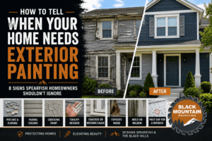 Black Mountain Painting infographic showing a weathered home with peeling exterior paint transformed into a freshly painted house, highlighting eight signs your home needs exterior painting, including peeling paint, fading colors, cracking paint, chalking, failing caulk, exposed wood, mold, and aging paint in Spearfish, South Dakota.